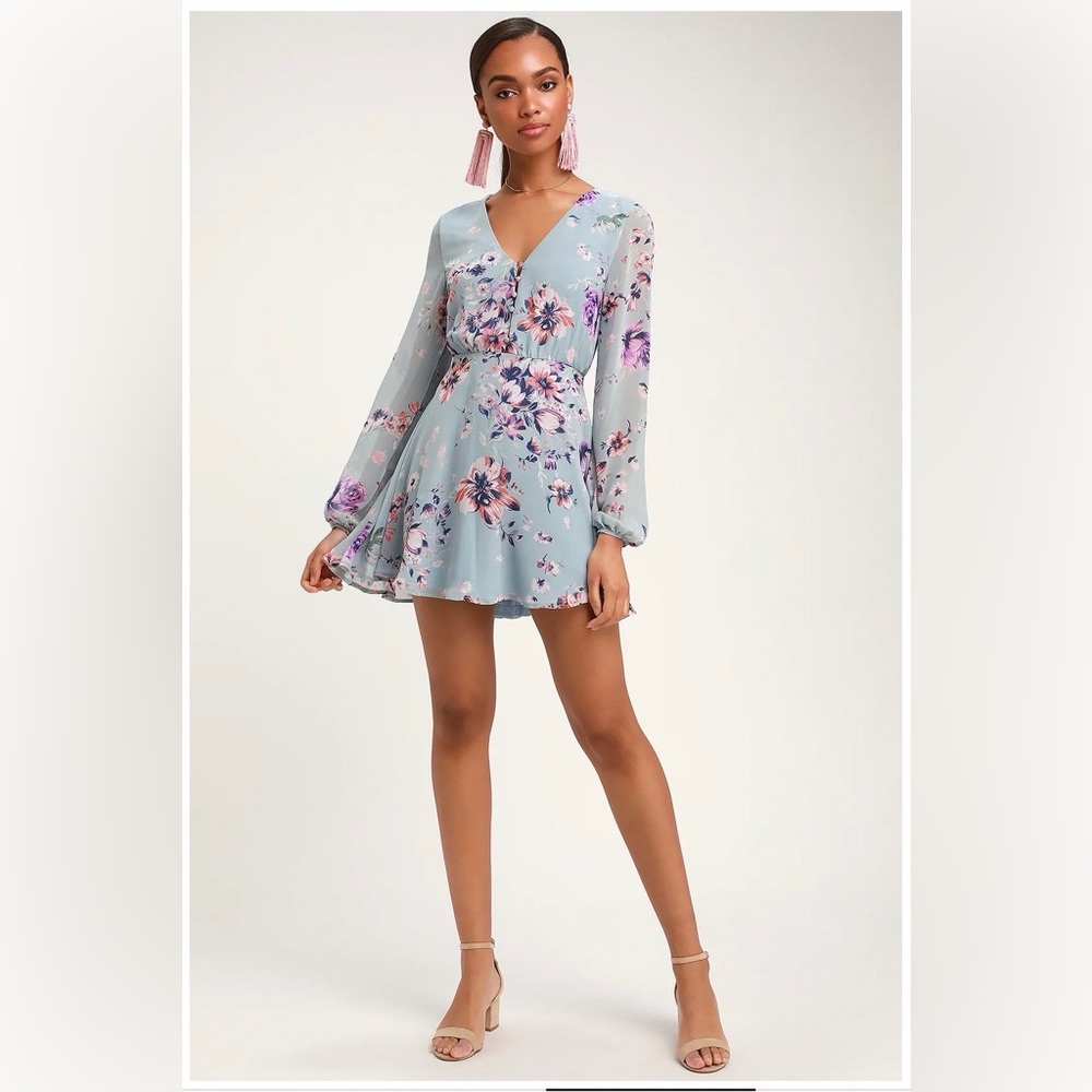 Always Yours Dusty Light Blue Floral Print Long Sleeve Skater Dress | Size XS